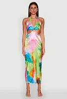 Womens Tie Dye Satin Keyhole Halter Maxi Dress, Multi, Size L