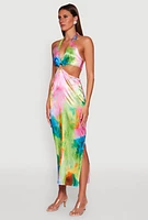 Womens Tie Dye Satin Keyhole Halter Maxi Dress, Multi, Size L