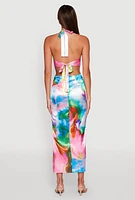 Womens Tie Dye Satin Keyhole Halter Maxi Dress, Multi, Size L