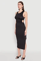 Womens Drawstring Side Cut Out Sleeveless Midi Dress, Black, Size L