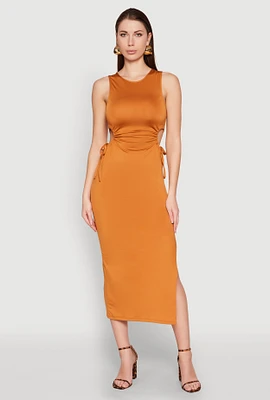 Womens Drawstring Side Cut Out Sleeveless Midi Dress,
