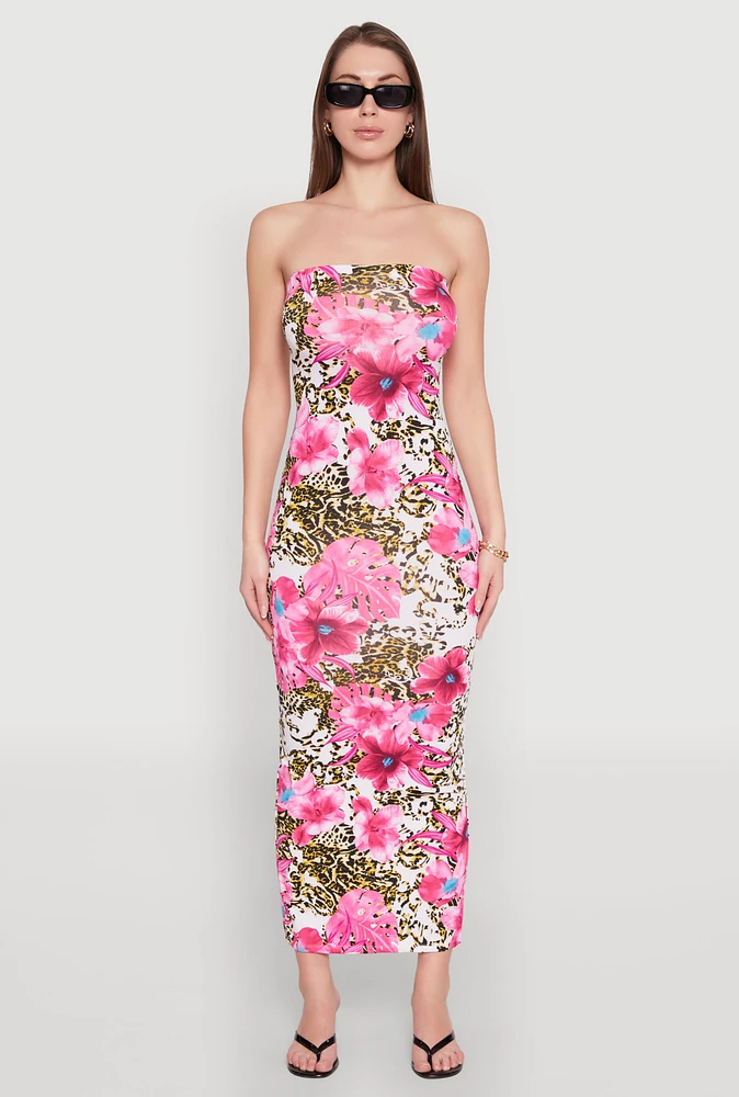Womens Animal Floral Print Maxi Tube Dress, Multi, Size M