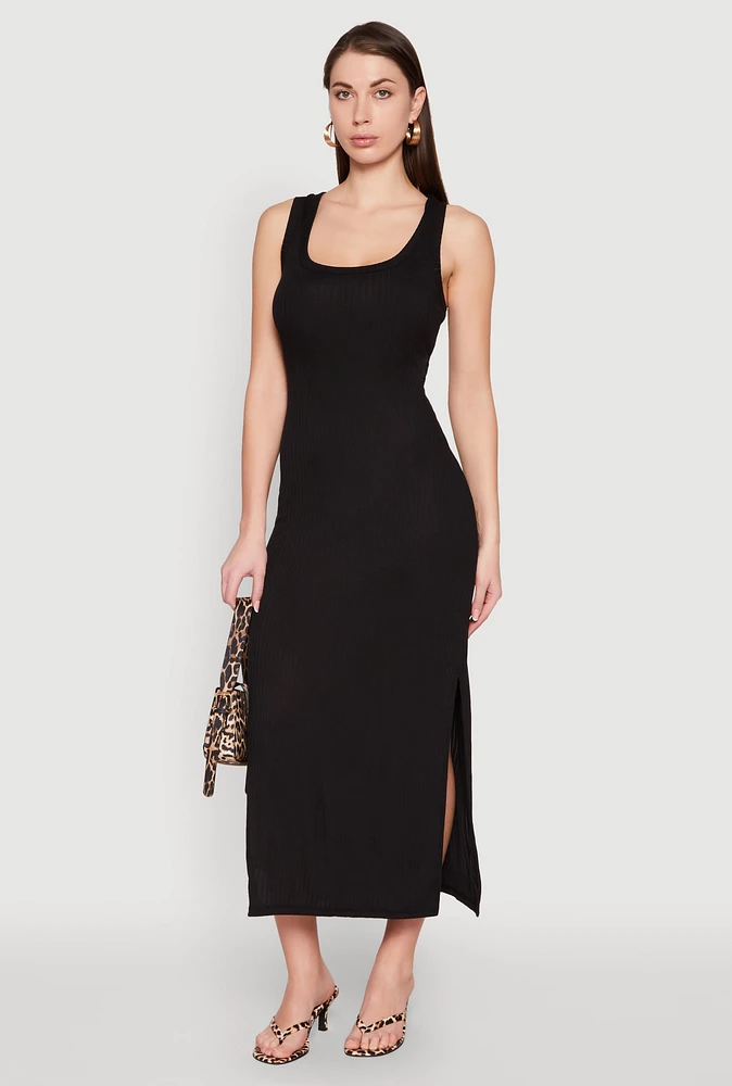 Womens Ribbed Knit Scoop Neck Maxi Tank Dress, M