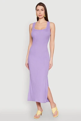 Womens Ribbed Knit Scoop Neck Maxi Tank Dress, Purple, Size L