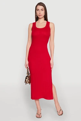 Womens Ribbed Knit Scoop Neck Maxi Tank Dress, Red, Size M