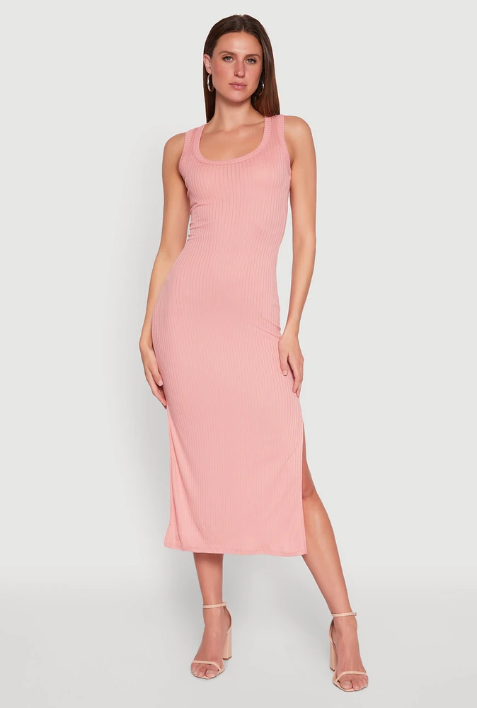 Womens Ribbed Knit Scoop Neck Maxi Tank Dress, Pink, Size L