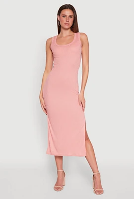 Womens Ribbed Knit Scoop Neck Maxi Tank Dress, Pink, Size L