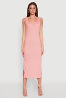 Womens Ribbed Knit Scoop Neck Maxi Tank Dress, Pink, Size L