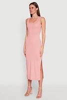 Womens Ribbed Knit Scoop Neck Maxi Tank Dress, Pink, Size L