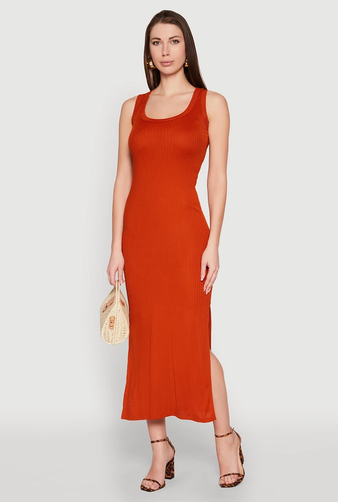 Womens Ribbed Knit Scoop Neck Maxi Tank Dress, S