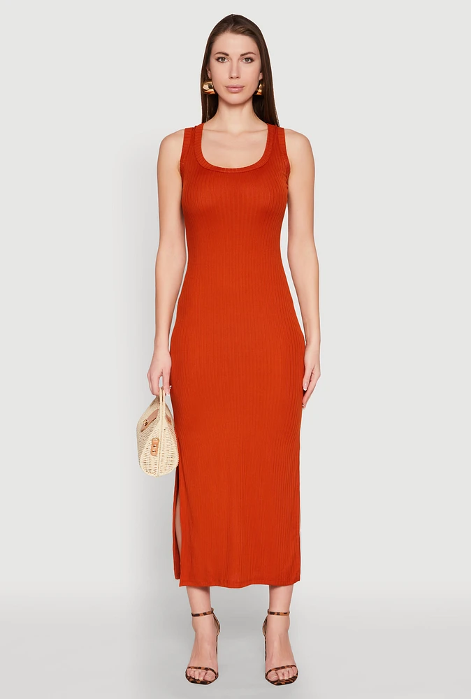 Womens Ribbed Knit Scoop Neck Maxi Tank Dress, S