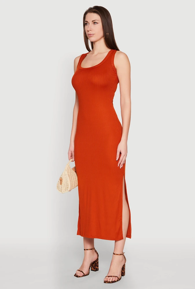Womens Ribbed Knit Scoop Neck Maxi Tank Dress, S