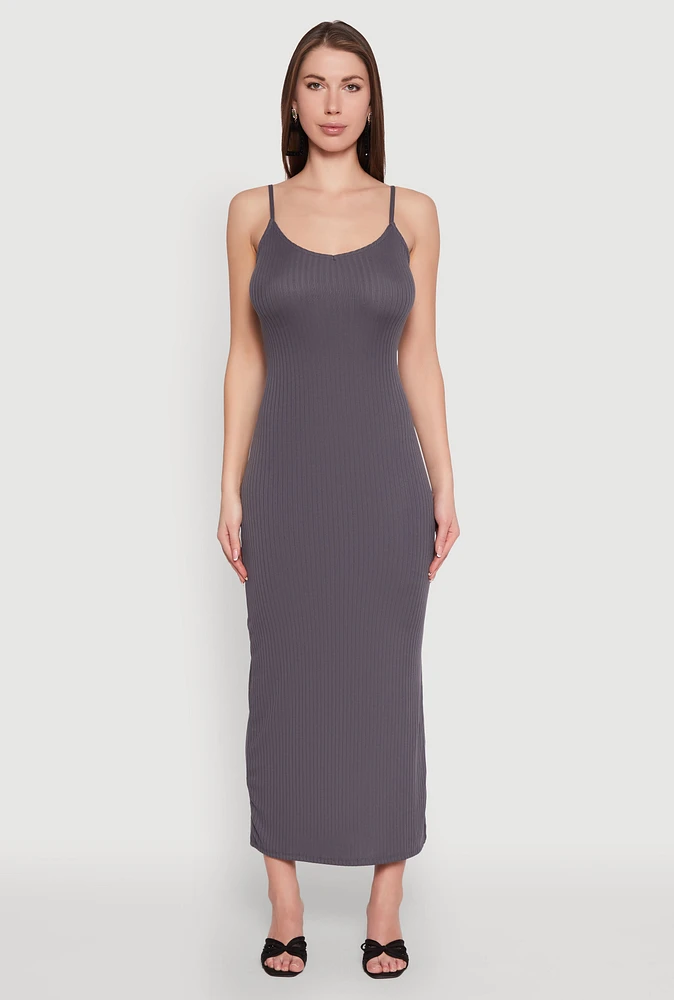 Womens Ribbed Knit Cami Maxi Dress, Grey, Size S