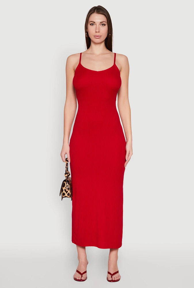 Womens Ribbed Knit Cami Maxi Dress, Red, Size M