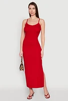 Womens Ribbed Knit Cami Maxi Dress, Red, Size M