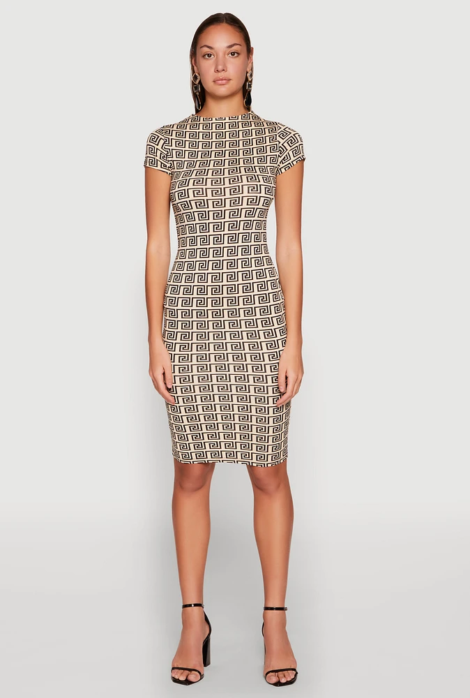 Womens Greek Key Print Short Sleeve Dress, Beige, Size M