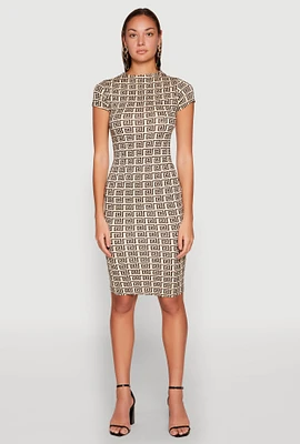 Womens Greek Key Print Short Sleeve Dress, Beige, Size M