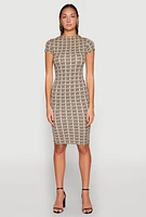 Womens Greek Key Print Short Sleeve Dress, Beige, Size M
