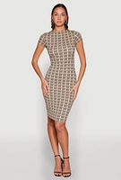 Womens Greek Key Print Short Sleeve Dress, Beige, Size M
