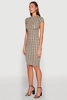 Womens Greek Key Print Short Sleeve Dress, Beige, Size M