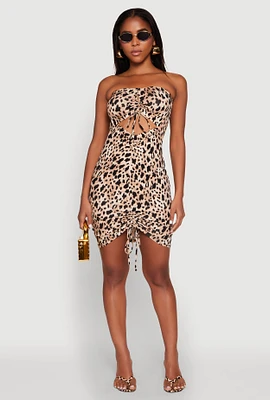 Womens Leopard Print Ruched Cut Out Mini Dress, Brown, Size M