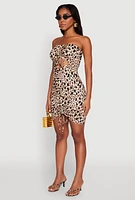 Womens Leopard Print Ruched Cut Out Mini Dress, Brown, Size M