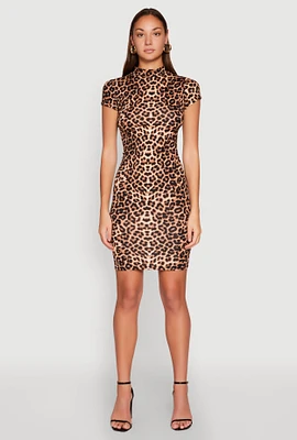 Womens Leopard Print Short Sleeve Mock Neck Dress, Brown, Size S