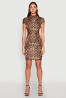 Womens Leopard Print Short Sleeve Mock Neck Dress, Brown, Size L