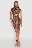 Womens Leopard Print Short Sleeve Mock Neck Dress, Brown, Size L