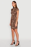 Womens Leopard Print Short Sleeve Mock Neck Dress, Brown, Size L