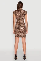 Womens Leopard Print Short Sleeve Mock Neck Dress, Brown, Size L