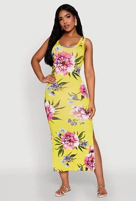 Womens Floral Side Slit Maxi Tank Dress, Yellow, Size XL
