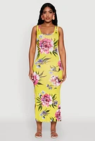 Womens Floral Side Slit Maxi Tank Dress, Yellow, Size L