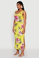 Womens Floral Side Slit Maxi Tank Dress, Yellow, Size L