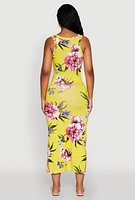 Womens Floral Side Slit Maxi Tank Dress, Yellow, Size L