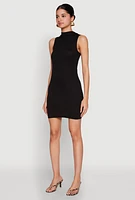 Womens Rib Knit Mock Neck Dress, Black, Size L