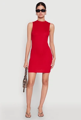 Womens Rib Knit Mock Neck Dress, Red, Size S
