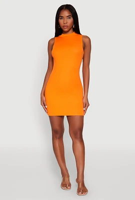 Womens Rib Knit Mock Neck Dress, Orange, Size L