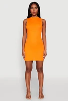 Womens Rib Knit Mock Neck Dress, Orange, Size L