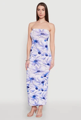 Womens Floral Print Slit Back Maxi Tube Dress, Blue, Size M