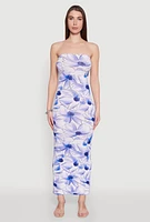 Womens Floral Print Slit Back Maxi Tube Dress, Blue, Size M