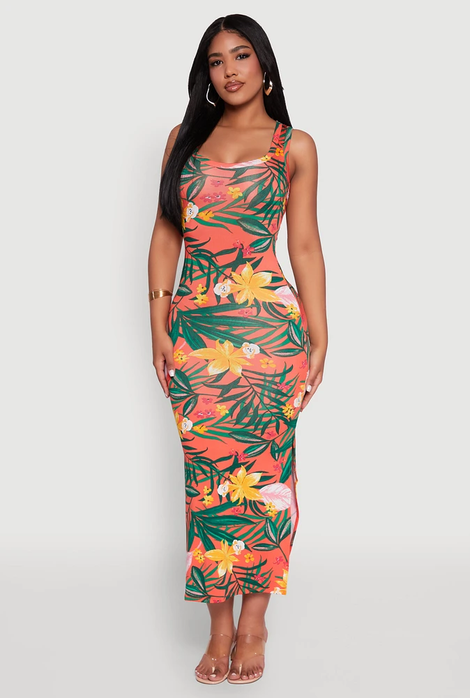 Womens Tropical Print Side Slit Maxi Tank Dress, Multi, Size XL