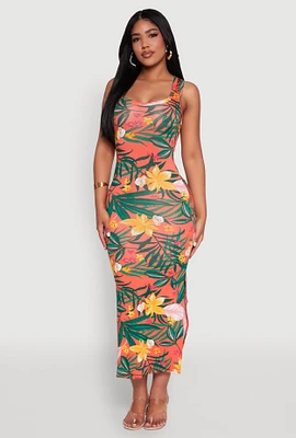 Womens Tropical Print Side Slit Maxi Tank Dress, Multi, Size L