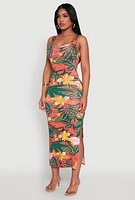 Womens Tropical Print Side Slit Maxi Tank Dress, Multi, Size XL