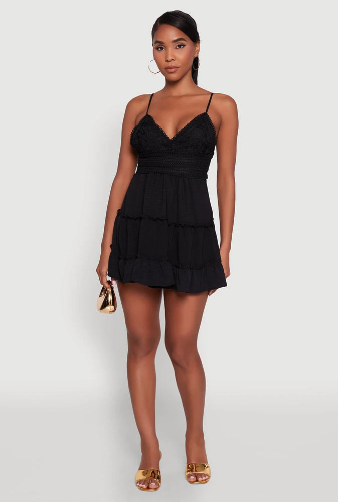 Womens Chic Crochet Detail V Neck Tiered Dress,