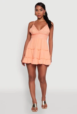 Womens Chic Crochet Detail V Neck Tiered Dress, Orange, Size XL