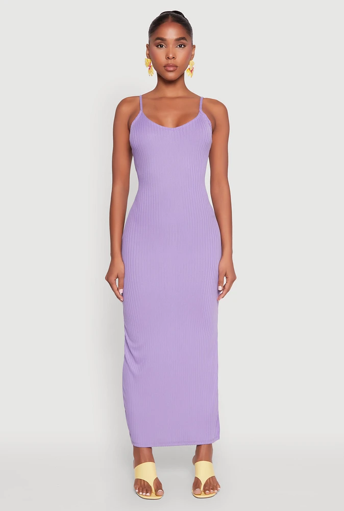 Womens Side Slit V Neck Maxi Dress, Purple, Size S