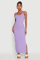 Womens Side Slit V Neck Maxi Dress, Purple, Size S