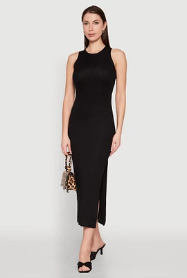 Womens Ribbed Knit Side Slit Maxi Tank Dress,