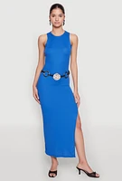 Womens Ribbed Knit Side Slit Maxi Tank Dress,